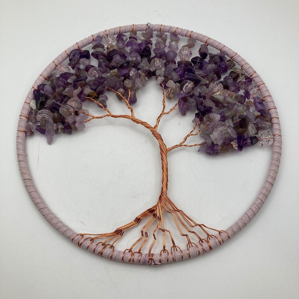 Tree of Life Wall Hanging Copper & Amethyst Crystal 6" / Boho Window Decor